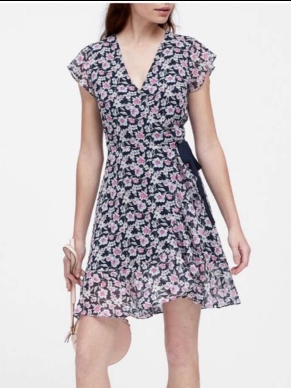 Banana Republic Navy and Pink Floral Wrap Mini Dress